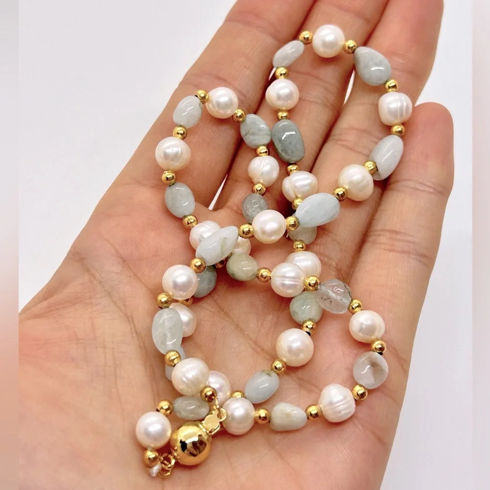 White Freshwater Pearl & Aquamarine Stones 18K GP Necklace & Bracelet Set